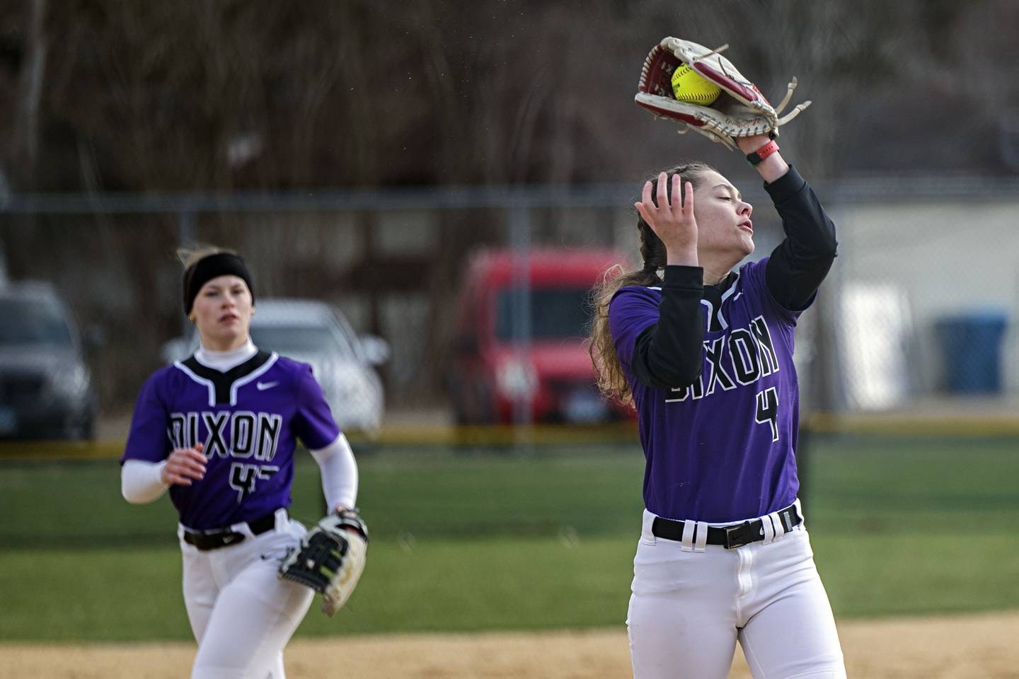Dixon’s Aly Brown hauls in a pop up Wednesday, April 5, 2023 against Oregon.