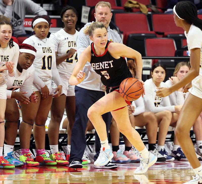 Benet Academy's Lenee Beaumont (5) moves the ball up court against O’Fallon during the IHSA Class 4A girls basketball championship game at the CEFCU Arena on the campus of Illinois State University Saturday March 4, 2023 in Normal.