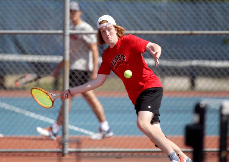 Benet’s Hugh Davis, along with doubles partner Zach Bobofchak (not pictured) competes in the Class 1A Boys State Tennis Meet at Hoffman Estates High School on Thursday, May 25, 2023.
