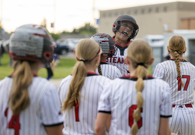 Fulton’s Kerby Germann celebrates driving in the game winning run against Newman Tuesday, May 19, 2026, at the Class 1A softball regionals at Newman.