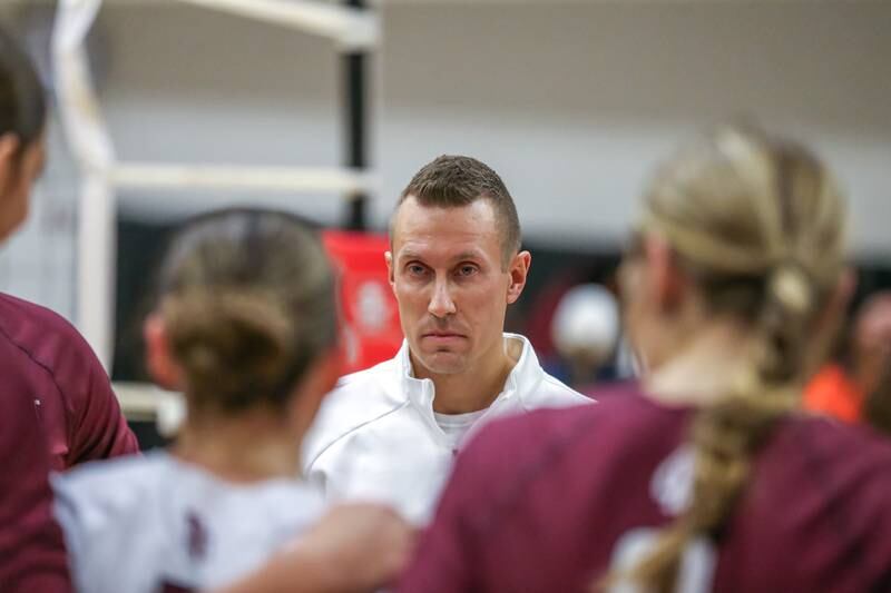 Lockport's head coach Nicholas Mraz addresses the team during a timeout in their Class 4A Bolingbrook Sectional final match between Lockport at Oswego.  Nov 7, 2024  in Bolingbrook.