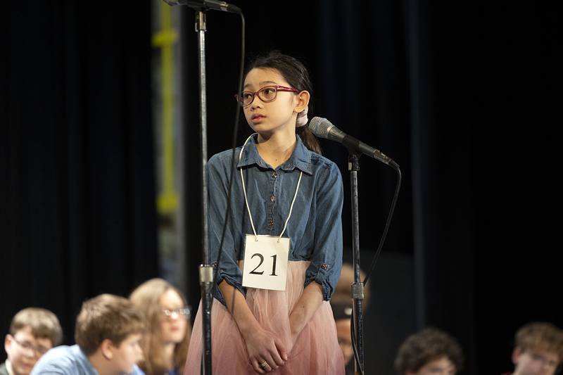 Oregon Elementary sixth grader Lia Tran appears on stage Thursday, March 9, 2023 during the Lee-Ogle-Whiteside Regional Spelling Bee.