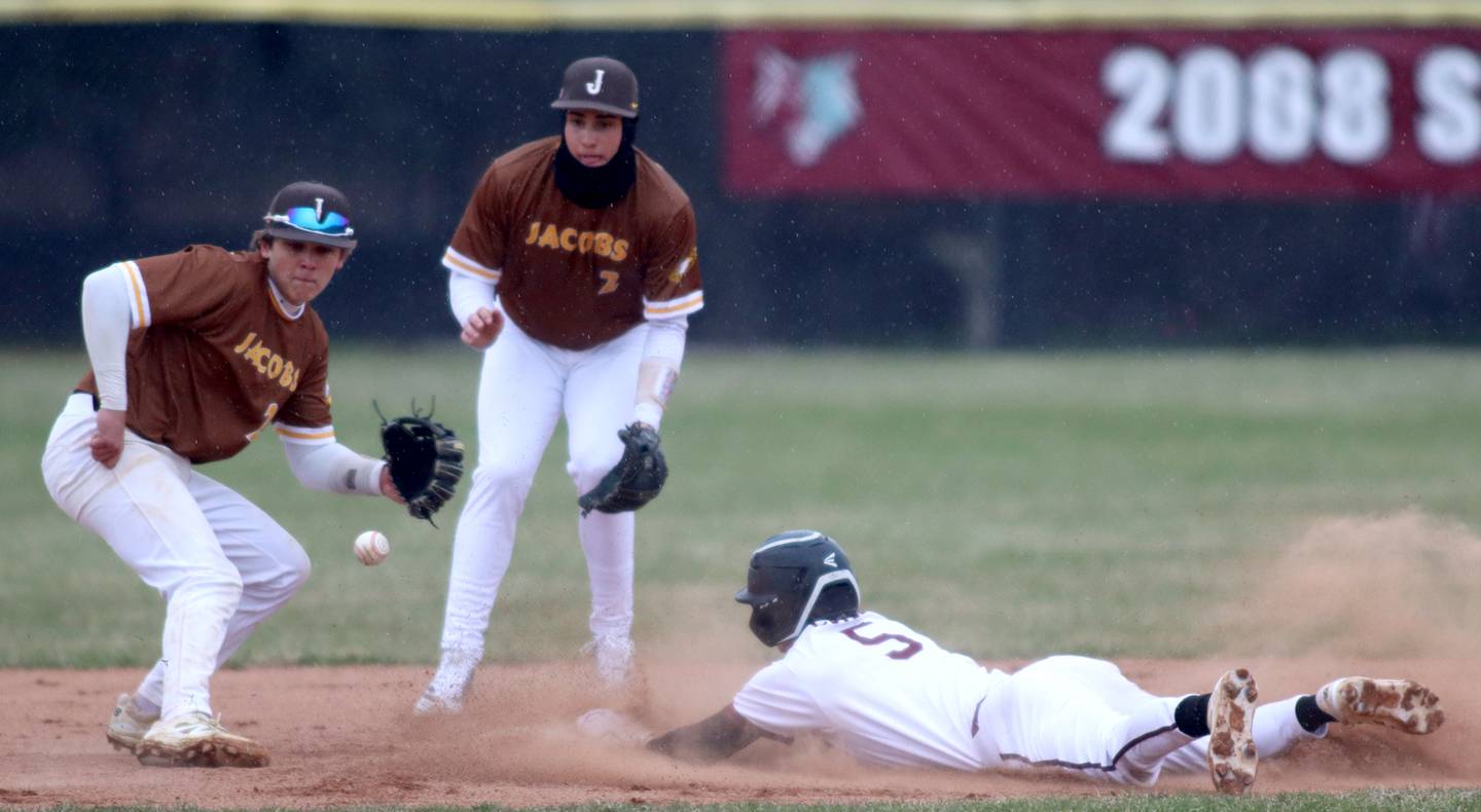 Jacobs’ Andrew Deegan, left, fields the throw as teammate Gavin Grummer, center, backs him up while Prairie Ridge’s Brennan Coyle slides safely with a steal at second base in varsity baseball on Wednesday, April 9, 2025, at Prairie Ridge High School in Crystal Lake.