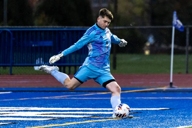 Joliet West's Noah Tarver kicks during the 3A L-W East Regional boys varsity soccer match against Andrew at Lincoln-Way East on Oct. 21, 2025.