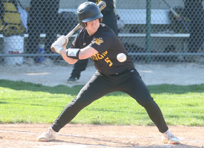 Putnam County's Drew Carlson strikes out while looking at the ball cross over home plate on Thursday, May 8, 2025 at St. Bede Academy.