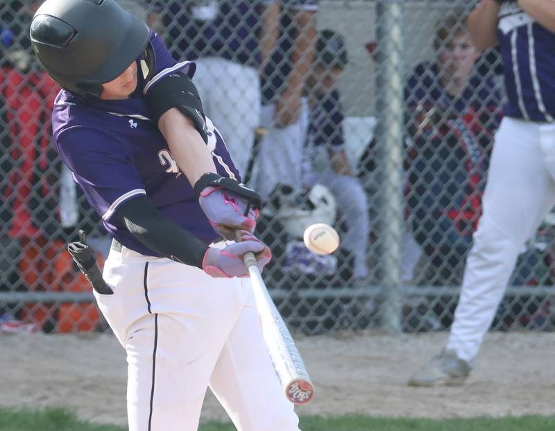 Serena's Nolan Muffler makes contact with the ball against St. Bede on Friday, April 24, 2026 at St. Bede Academy.