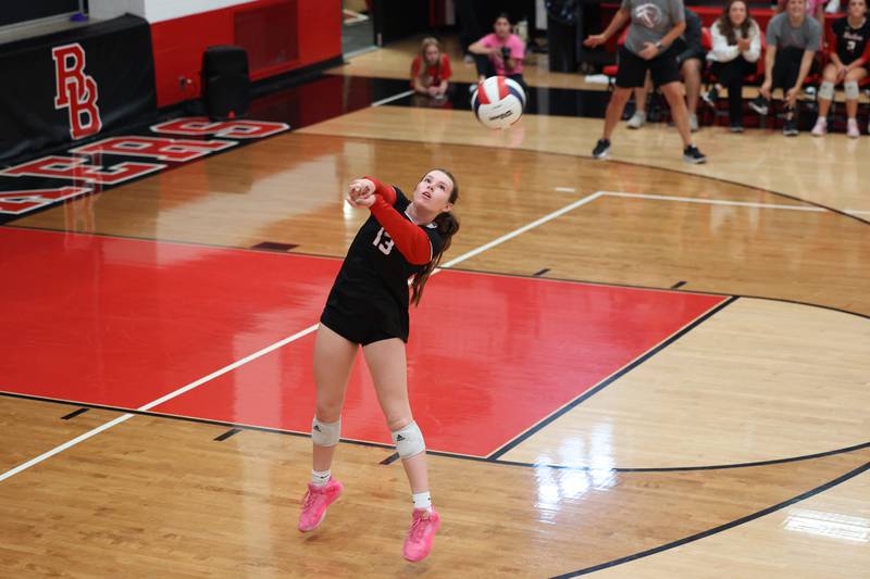 Bradley-Bourbonnais'  Harper Yuska volleys to the setter during the Boilermakers' match against Joliet Central at the Moldenhauer Classic tournament on Saturday, Oct. 18, 2025, at Bradley-Bourbonnais Community High School.