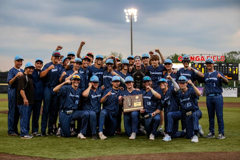 Nazareth poses with the Class 3A Crestwood Supersectional game plaque after defeating St. Ignatius.  June 6, 2022.