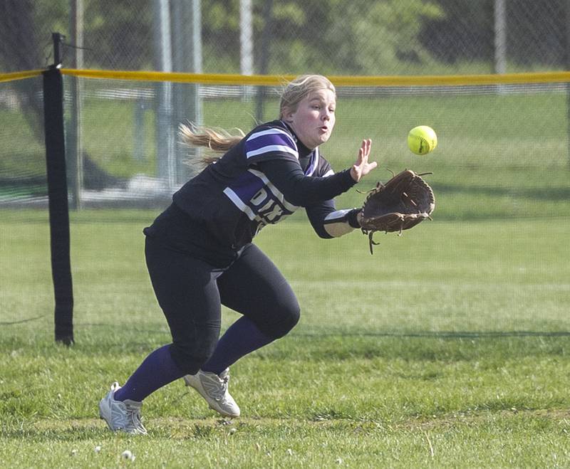 Dixon’s Presley Carver makes a running catch in centerfield against Rock Falls Thursday, May 7, 2026.