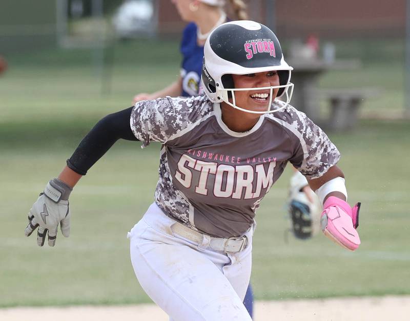 Kishwaukee Valley Storm's Alaynna Johnson runs to third Friday, June 27, 2025, during their 16u game against Northern Ice in the Storm Days tournament at the Sycamore Community Sports Complex.