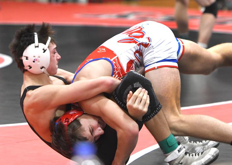 Marengo's Mitchell Aukes wraps up Oregon's Nelson Benesh as they wrestle in the 138 championship match at the Stillman Valley Holiday Tournament on Saturday, Dec. 20, 2025 at Stillman Valley High School.