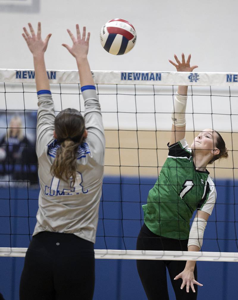Rock Falls’ Kacie Witherow plays the ball against Newman’s Marykay Downs Monday, Oct. 28, 2024, during regional play at Newman.