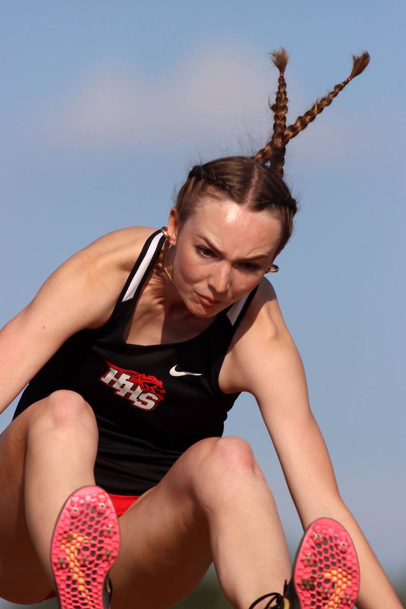 Huntley’s Addison Busam soars through the long jump  in IHSA Class 3A Girls Sectional Track and Field Meet action at Red Raider Stadium on the campus of Huntley High School in Huntley on Wednesday, May 14, 2025.