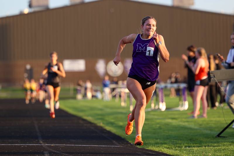 Manteno's Klarke Goranson leads after the first lap of the 800-meter race at the Manteno Track Invite on Friday, April 24, 2026.