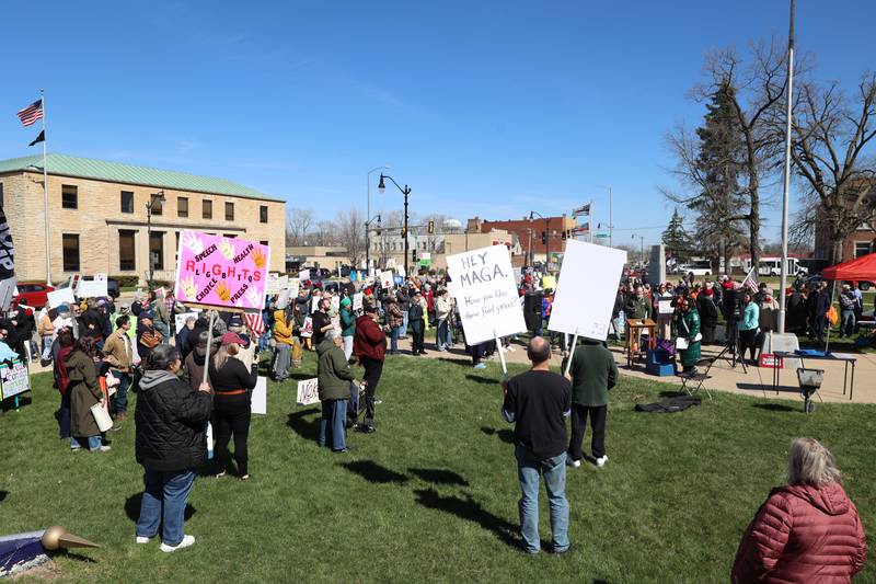 Protesters participate in the No Kings rally at the Kankakee County Courthouse on March 28, 2026.