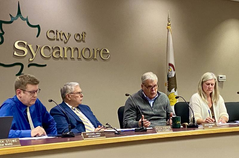 Sycamore Mayor Steve Braser (second from right) speaks during a Sycamore City Council meeting on Monday, Dec. 4, 2023, in the council chambers at the Sycamore City Center, 308 W. State St., downtown.