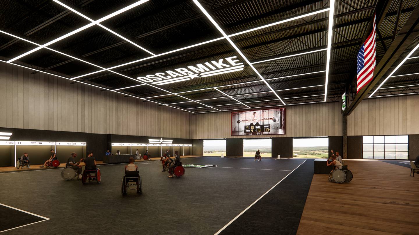 This architectural rendering shows the gymnasium proposed for Oscar Mike's Poplar Grove campus. The gym would allow year-round wheelchair rugby camps at the site.