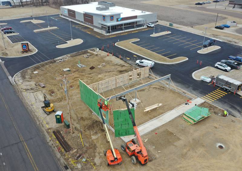 Crews build walls for the new Jersey Mike's Subs location on Thursday, Feb. 12, 2026 in Princeton. The business is located at the corner of Illinois Route 26 and Backbone Road.