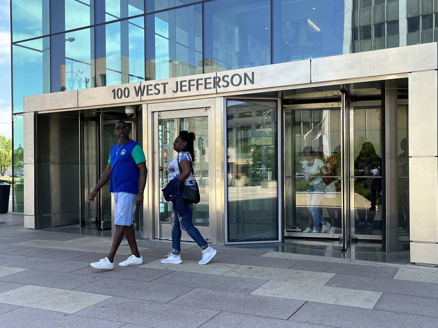 Michael Woods (left), father of Quentin Woods, 38, who was shot and killed in 2019, leaves the Will County Courthouse on Tuesday, May 16, 2023, in Joliet. Matthew Rutledge, 41, has been charged with the 2019 first-degree murder of Quentin Woods and the attempted murder of his sister, Tiffany Williams, 38.