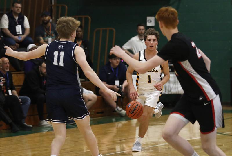 Jacobs' Ben Jurzak brings the ball up the court during the boy’s game of McHenry County Area All-Star Basketball Extravaganza on Sunday, April 13, 2025, at Alden-Hebron’s Tigard Gymnasium in Hebron.