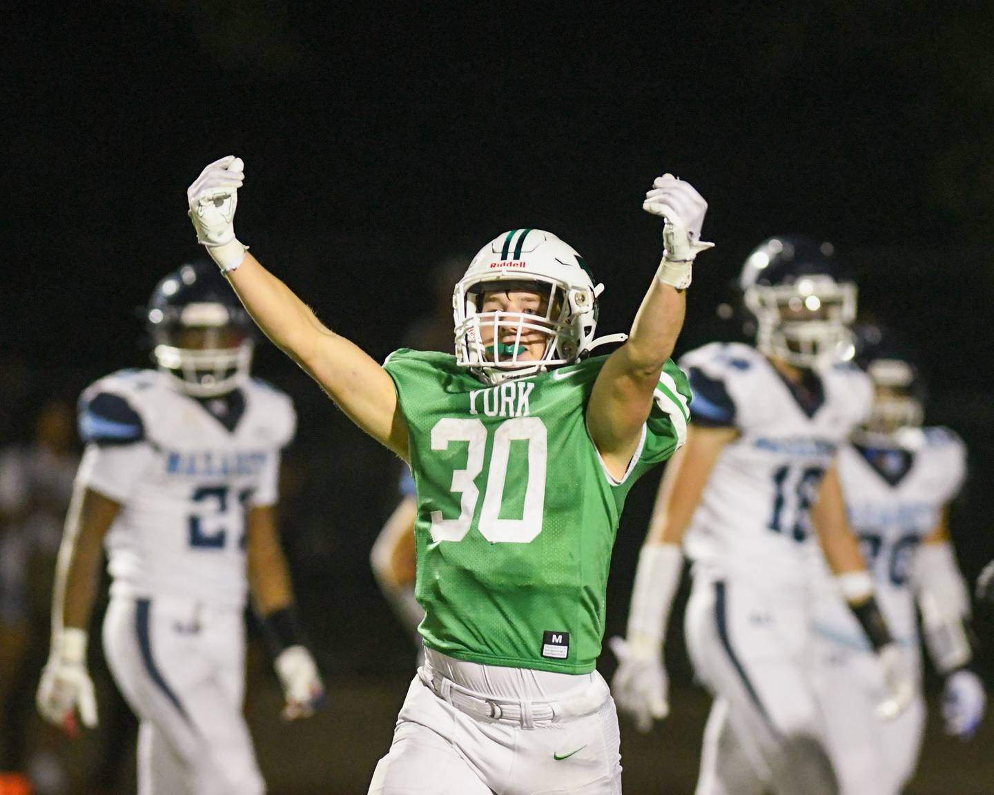 York’s running back Jake Melion celebrates after making a touchdown during the second quarter Friday Sep. 1, 2023, while taking on Nazareth Academy in Elmhurst.