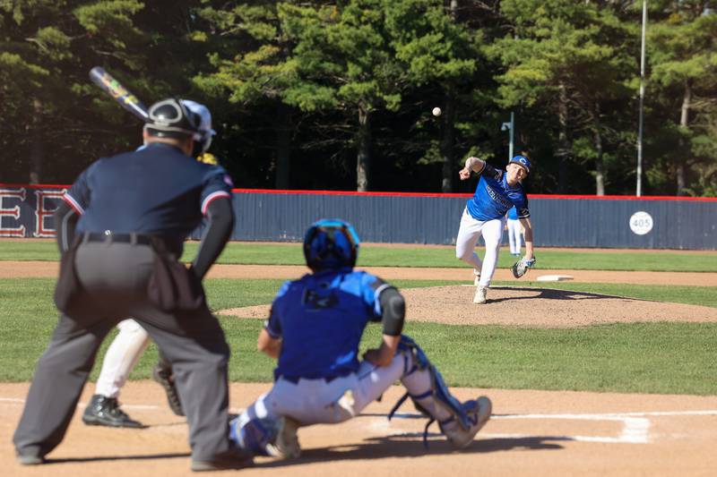 Clifton Central's Noah Vining releases a pitch during Central's 8-4 victory over Kankakee on Monday, May 11, 2026.