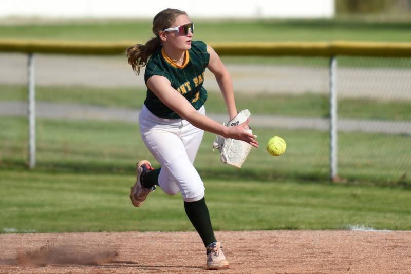 Grant Park's Delaney Heldt flips the ball to first base during a home game against Watseka Wednesday, April 22, 2026.