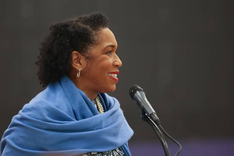 Lieutenant Governor Juliana Stratton speaks at a press conference regarding the state’s proposed investment in higher education at Joliet Junior College on Thursday, March 16th, 2023.