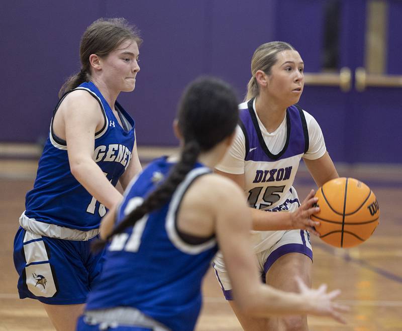 Dixon’s Morgan Hargrave looks to make a play against Geneva Thursday, Feb. 19, 2026, in the Class 3A girls basketball regional title game.