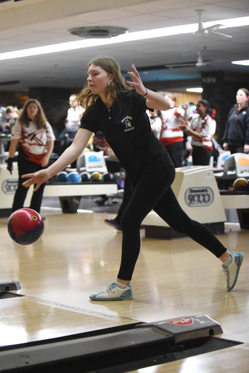 Peotone's Olivia Smaga sends one down the lane during the All-City girls bowling meet at Brookmont Bowling Center in Kankakee Wednesday, Feb. 5, 2025.
