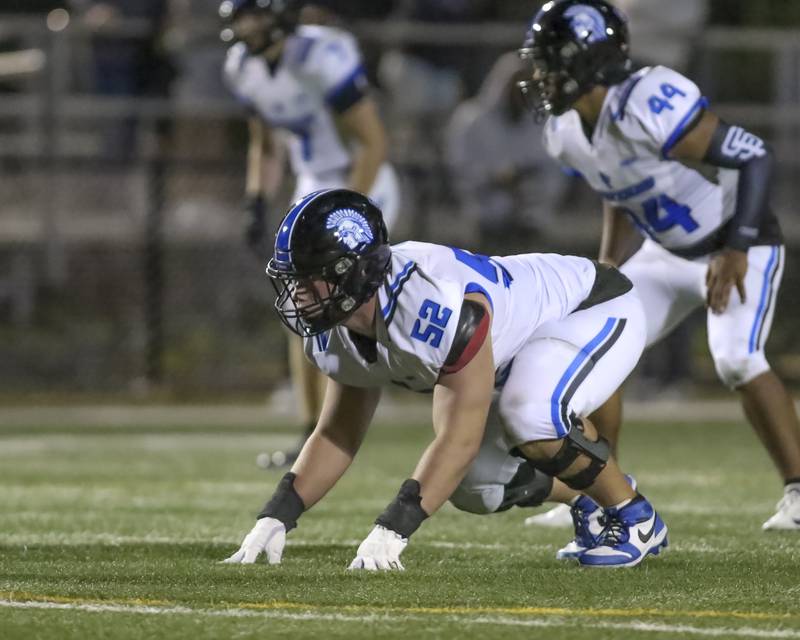 St. Francis's Cooper Paukstis (52) gets set to rush the passer during football game between St. Francis at Kenwood Academy on Thursday, Aug 28, 2025  in Chicago.