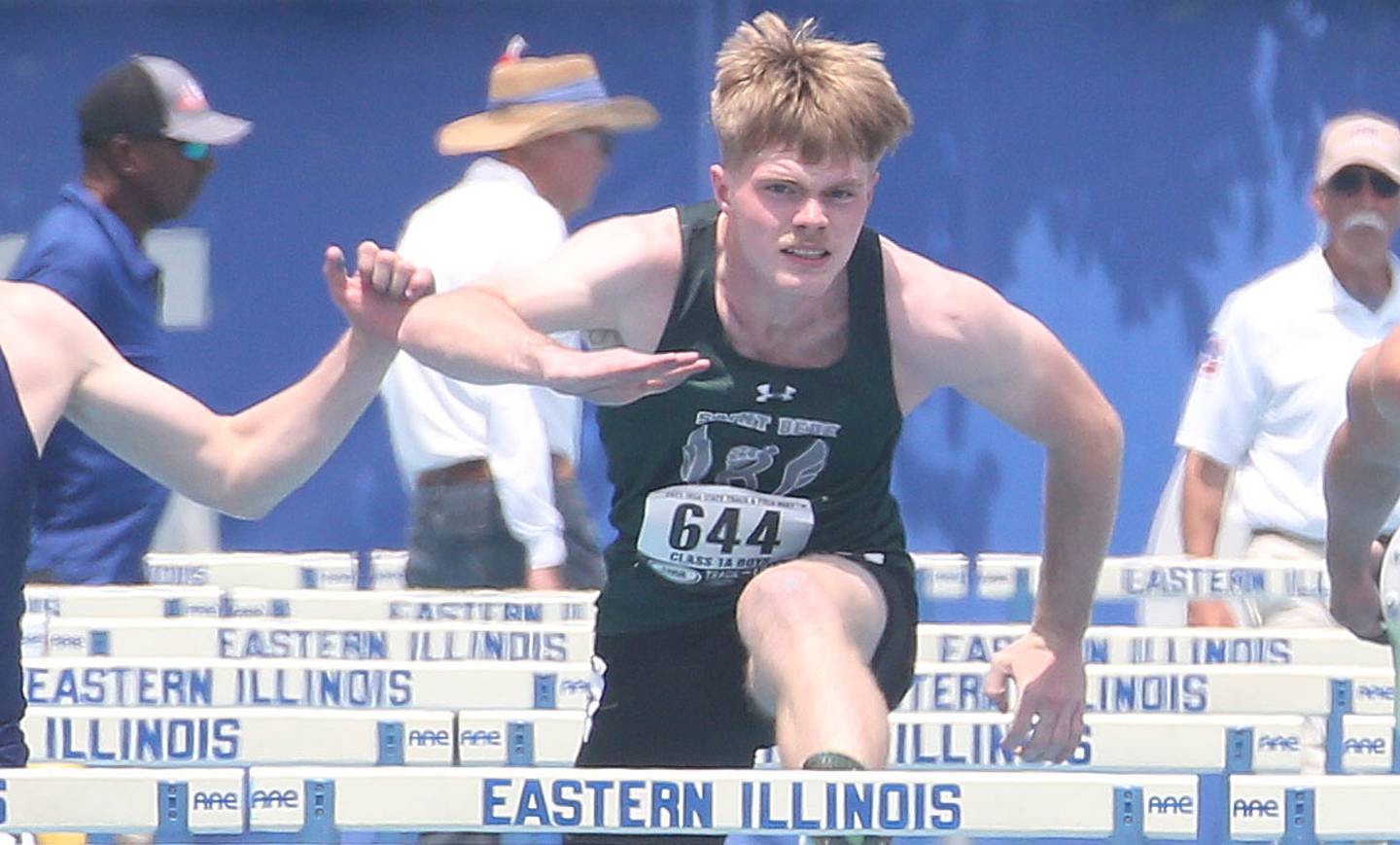 St. Bede's Greyson Marincic competes in the 110 Meter Hurdles during the IHSA Class 1A Boys Track & Field State Finals on Saturday, May 31, 2025 at Eastern Illinois University in Charleston.