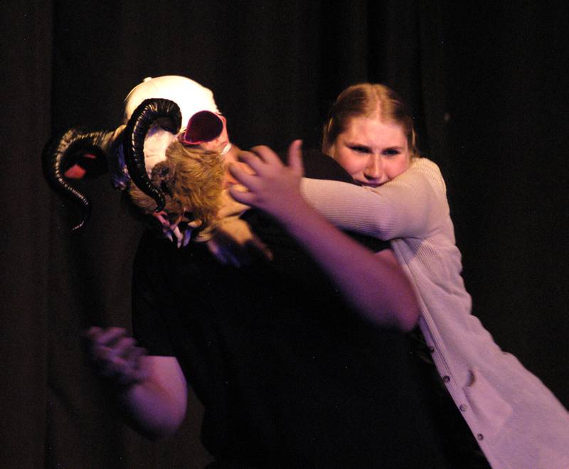 Rhylee Hinkle fights with a minotaur during their dress rehersal on Wednesday, September 17, 2025. The Polo Area Community Theatre (PACT) is kicking off its 20th season with a production of The Lightning Thief: The Percy Jackson Musical. Performances will be held at the Old Polo Town Hall, now home to PACT, located at 117 N. Franklin Ave. Dates for the performance are September 19th ,20th and 26th at 7:00 and September 21st and 27th at 2:00.