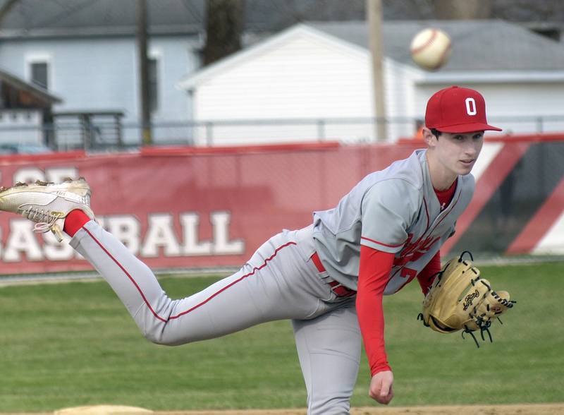Ottawa starting pitcher Lucas Farabaugh lets go with a pitch against Streator Thursday at Streator.