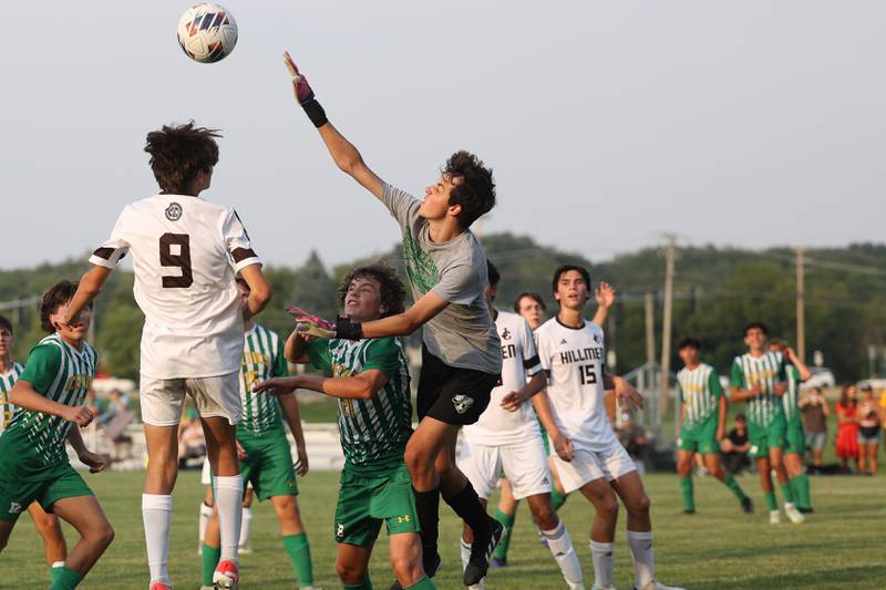 Providence keeper Luke McAllister makes a play on the corner kick by Joliet Catholic on Aug. 21, 2023 in New Lenox.