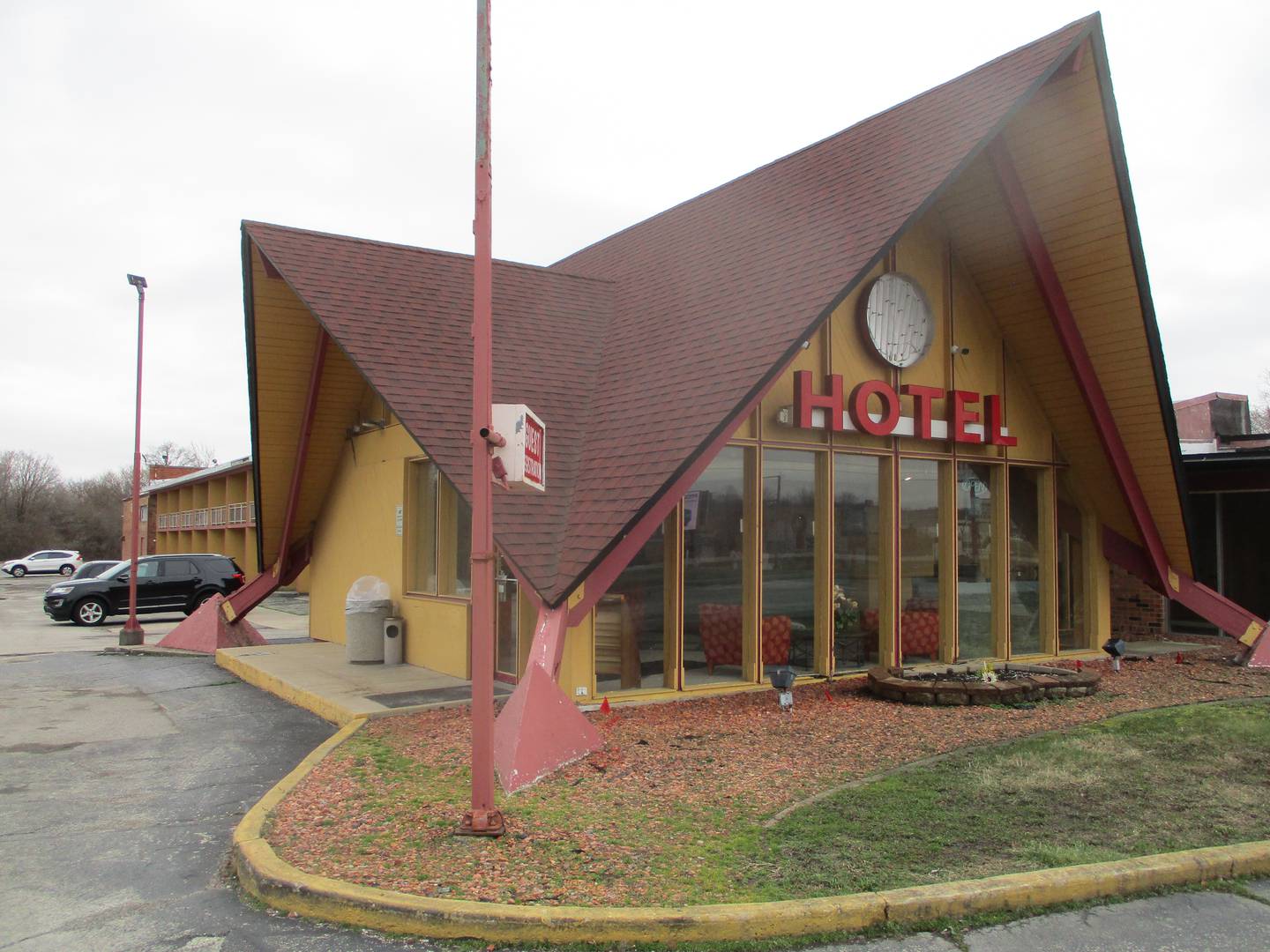 A wing of the Joliet Plaza Inn and Suites behind the hotel lobby appears to be the only section of the old Joliet hotel still being put to use. March 5, 2024.