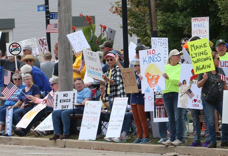 Hundreds gather at Rotary Park during the No Kings protest on Saturday, Oct. 18, 2025 in Princeton.