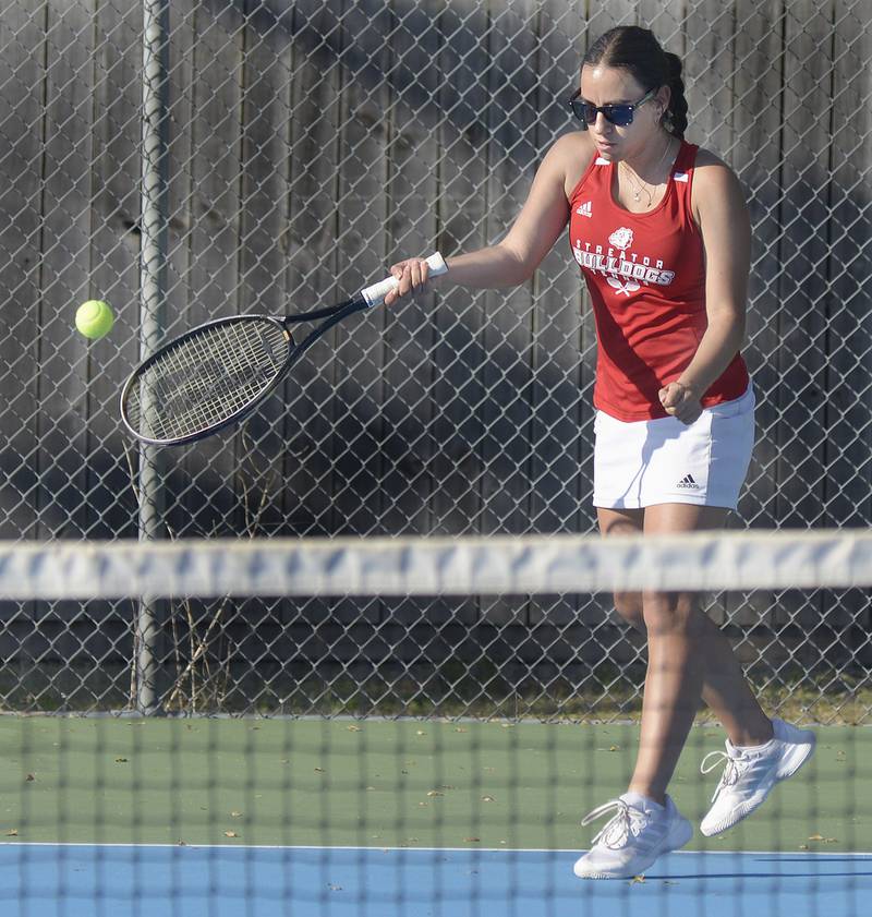 Streator # 2 Singles  Isa Gutierrez returns a serve against Princeton Tuesday at Streator.