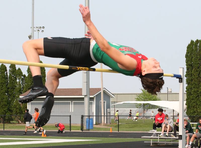 L-P's Michael George competes in the high jump during the Class 2A track sectional meet on Wednesday, May 17, 2023 at Geneseo High School.