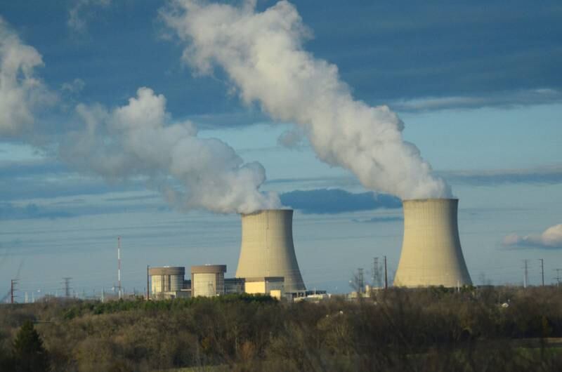 Steam flows from the cooling towers of both units at Exelon's Byron Generating Station.