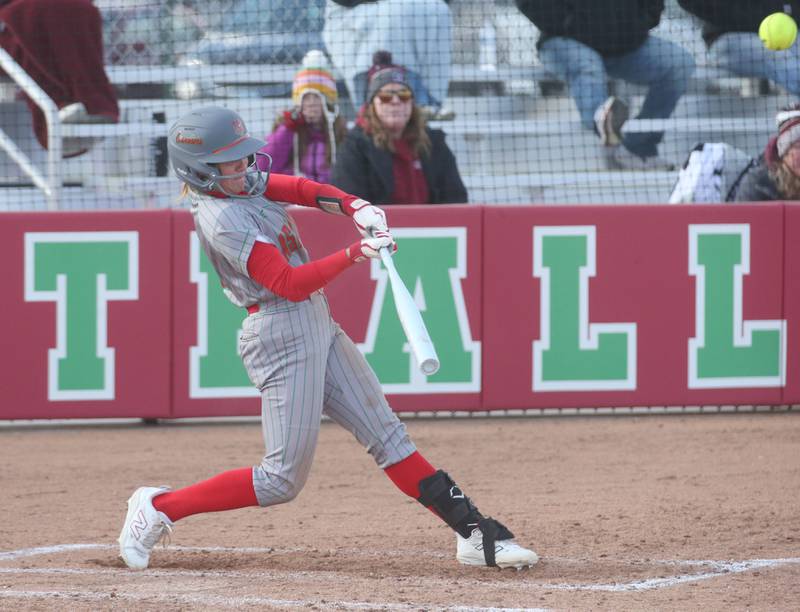 L-P's Karmen Piano smacks a double against Morris on Monday, April 7, 2025 at the L-P Athletic Complex in La Salle.