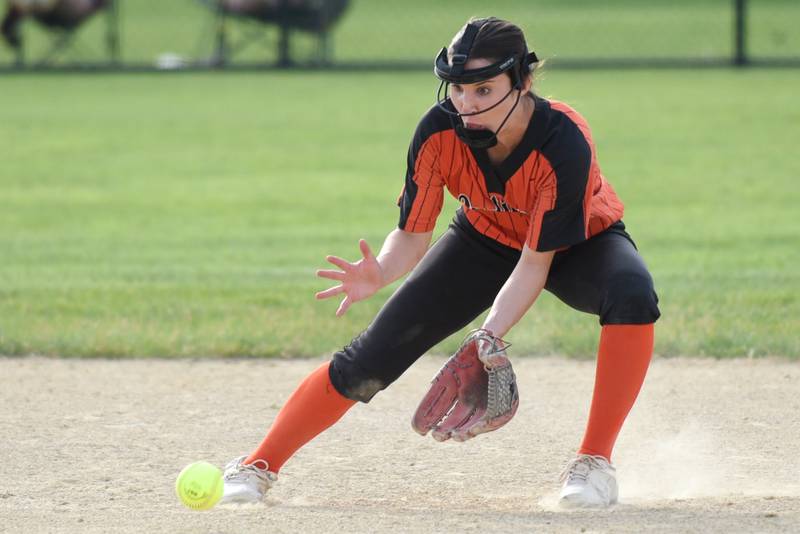 Minooka's Olivia Boyd fields a ground ball during the Class 4A Normal Community West Sectional semifinals Tuesday, June 3, 2025.