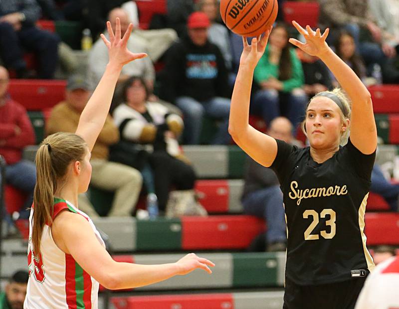 Sycamore's Evyn Carrier shoots a jump shot over L-P's Olivia Shetterly on Tuesday, Jan. 31, 2023 at L-P High School.