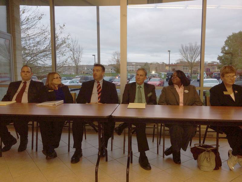 Daniel Rippy, (from left) Dinah Lennon-Archambeault, David Carlson, Daniel Kennedy, Sherri Hale and Diane Para are candidates for the three judicial vacancies in Will County. All six candidates attended a Will County Bar Association Forum Tuesday night in Joliet.
