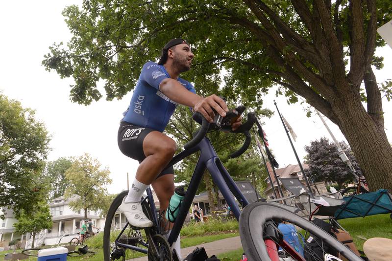 Caesar Gallego of New York warms up prior to the Pro Men cycling racers during the Cycle Brookfield Criterium on Wednesday, July 24, 2024.