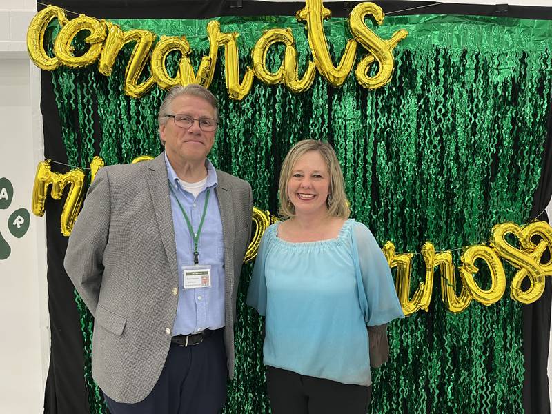 Superintendent Robert Machak and Carrie Monterroso, Woodland Primary School kindergarten teacher Carrie Monterroso has been named one of the Village of Gurnee Teachers of the Year for 2024.