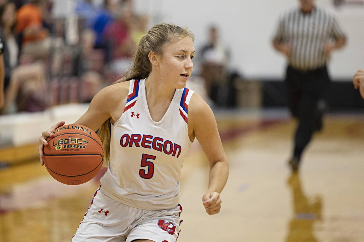 Oregon’s Hadley Lutz handles the ball Thursday, June 15, 2023 during the Sauk Valley Media All-Star Basketball Classic at Sauk Valley College.