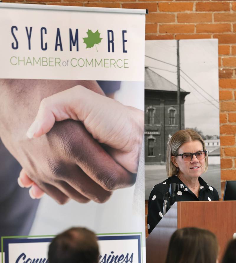 Kim Halsey, executive director of the Sycamore Public Library, speaks Wednesday, May 6, 2026, during the State of the Community Address hosted by the Sycamore Chamber of Commerce in the DeKalb County Community Foundation Freight Room.