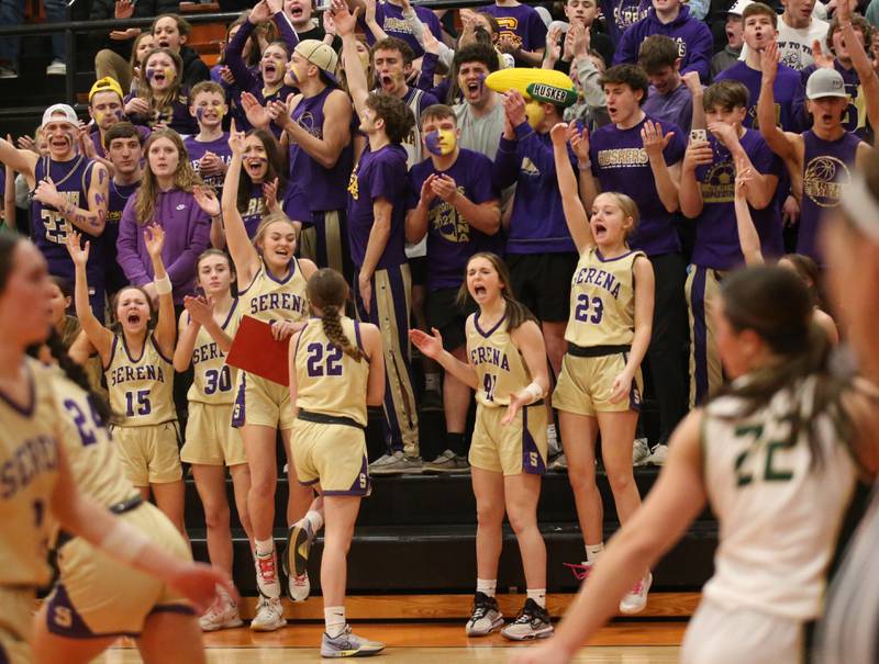 Members of the Serena girls basketball team react after hitting a three-point basket over St. Bede during the Class 1A Sectional final game on Thursday, Feb. 22, 2024 at Gardner-South Wilmington High School.