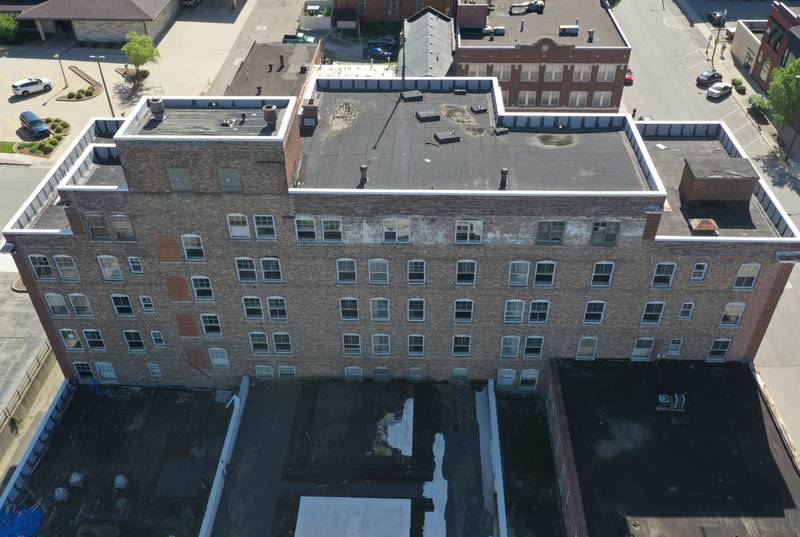 An aerial view of the Hotel Kaskaskia looking east on Thursday, June 16, 2022 downtown La Salle. City of La Salle officials obtained a search warrant of the property and toward the facility.